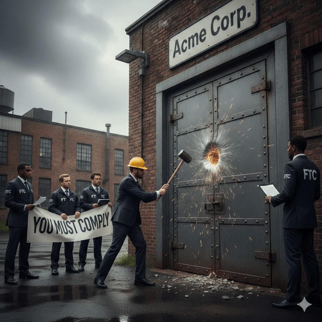 A man in a yellow hard hat swings a mallet at a door marked 'Acme Corp,' creating sparks, while four men in suits holding a banner that reads 'YOU MUST COMPLY' observe.