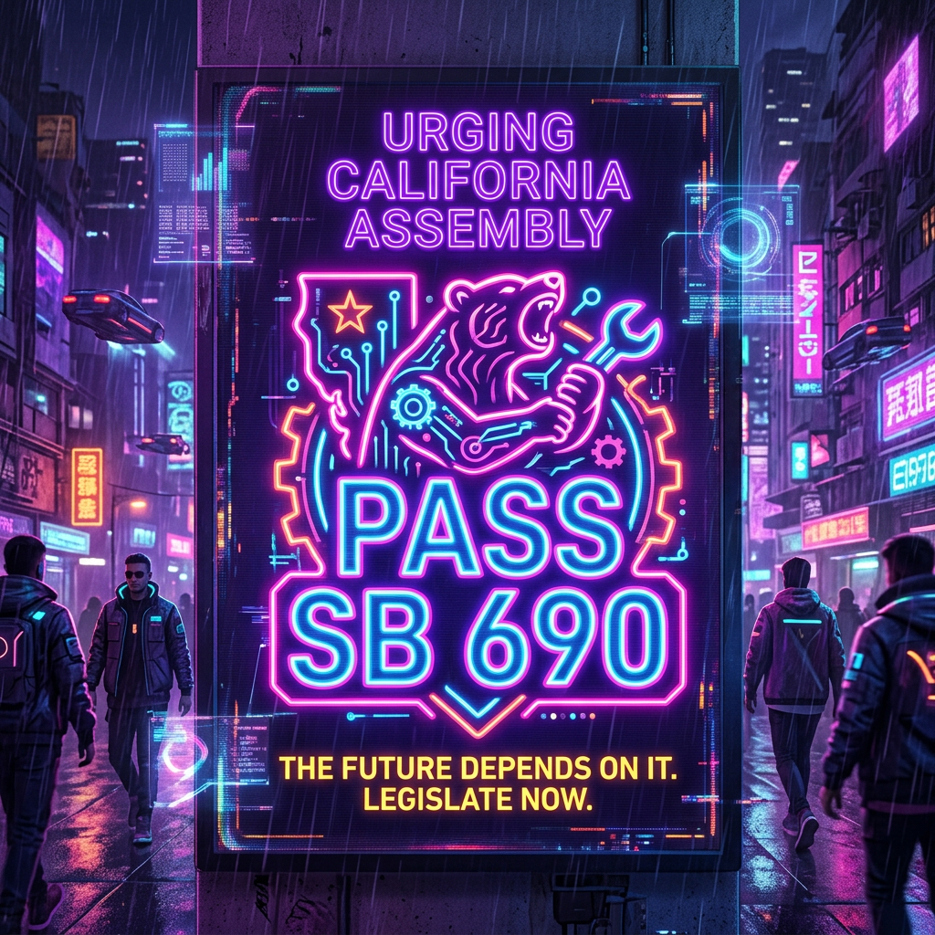 Neon sign urging California Assembly to pass SB 690 with a mechanical bear graphic